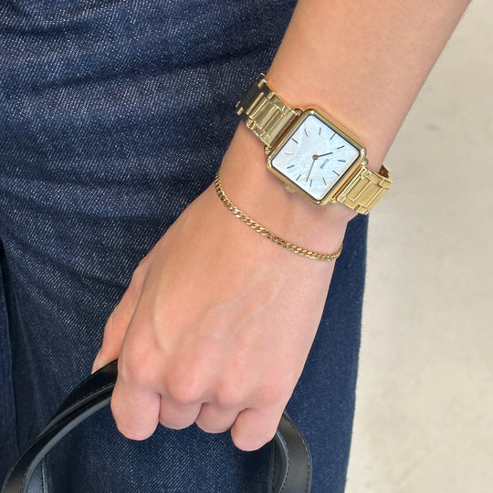 CLUSE Gift Box La Tétragone Watch Steel, White Pearl & Curb Chain Bracelet, Gold Colour CG10327 - watch and bracelet on wrist