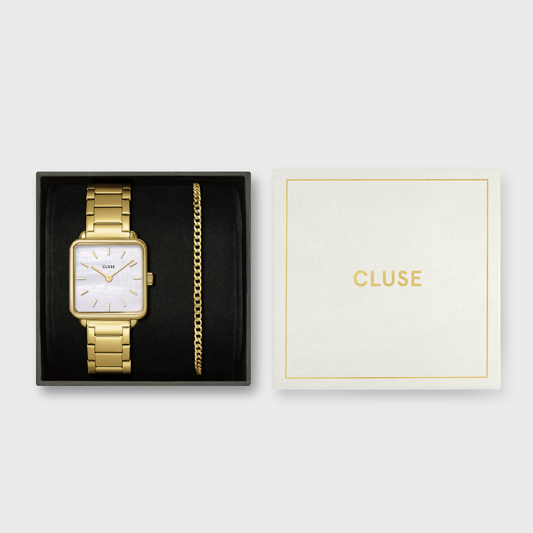CLUSE Gift Box La Tétragone Watch Steel, White Pearl & Curb Chain Bracelet, Gold Colour CG10327 - Giftbox