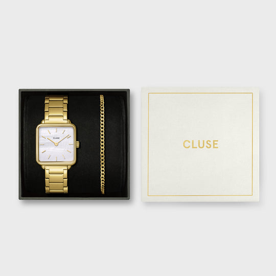 CLUSE Gift Box La Tétragone Watch Steel, White Pearl & Curb Chain Bracelet, Gold Colour CG10327 - Giftbox