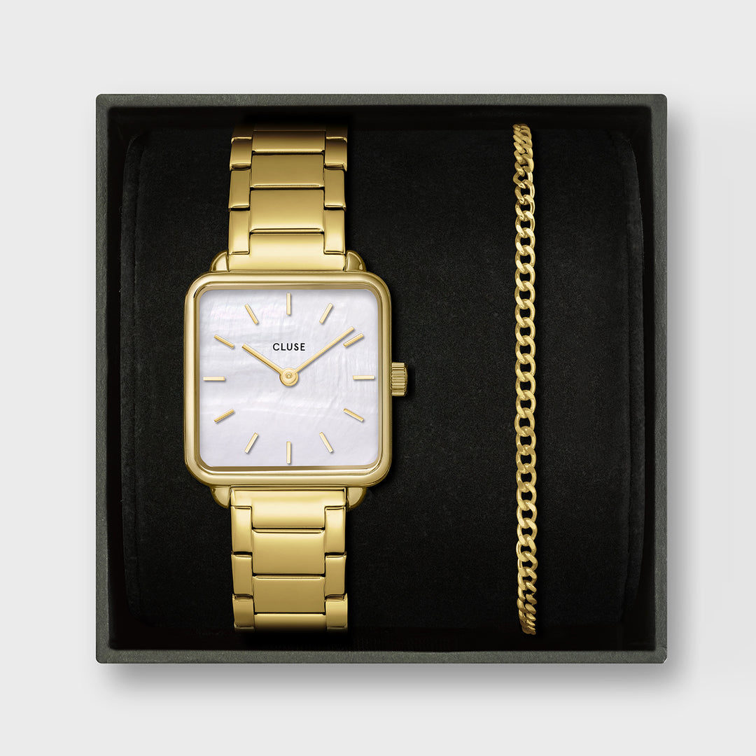 CLUSE Gift Box La Tétragone Watch Steel, White Pearl & Curb Chain Bracelet, Gold Colour CG10327 - front gift box image