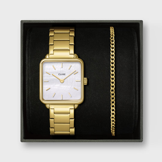 CLUSE Gift Box La Tétragone Watch Steel, White Pearl & Curb Chain Bracelet, Gold Colour CG10327 - front gift box image
