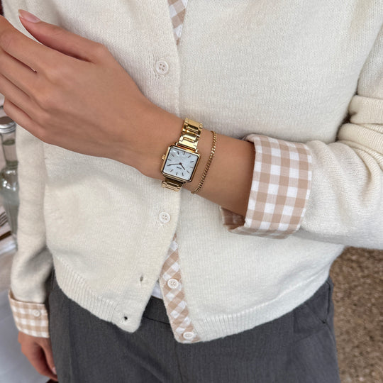 CLUSE Gift Box La Tétragone Watch Steel, White Pearl & Curb Chain Bracelet, Gold Colour CG10327 - watch and bracelet on wrist