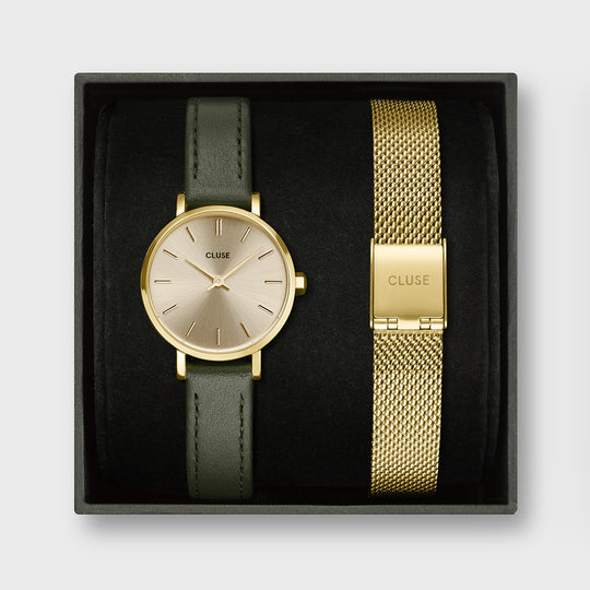 CLUSE Gift Box Boho Chic Petite Leather Dark Green and Mesh Strap, Gold Colour CG10502 - giftbox frontal