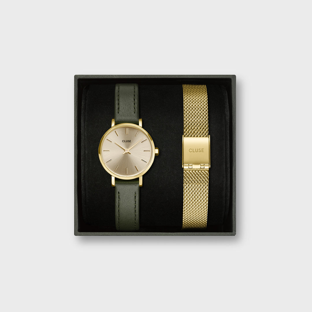 CLUSE Gift Box Boho Chic Petite Leather Dark Green and Mesh Strap, Gold Colour CG10502 - gift box