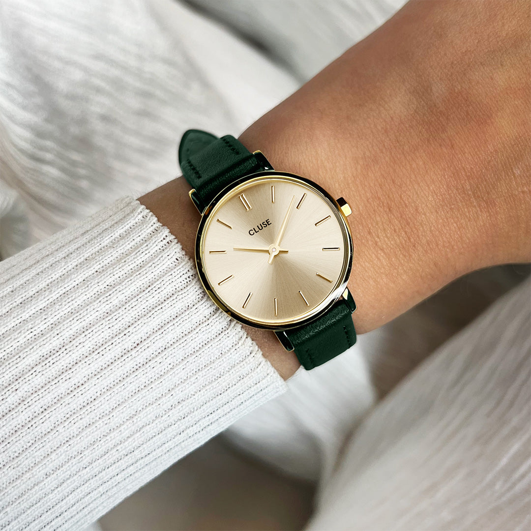 CLUSE Gift Box Boho Chic Petite Leather Dark Green and Mesh Strap, Gold Colour CG10502 - Wristshot green strap