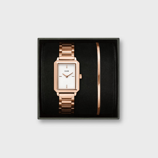 Gift Box Fluette Steel White Watch and Snake Chain Bracelet, Rose Gold Colour CG11503 - Giftbox frontal