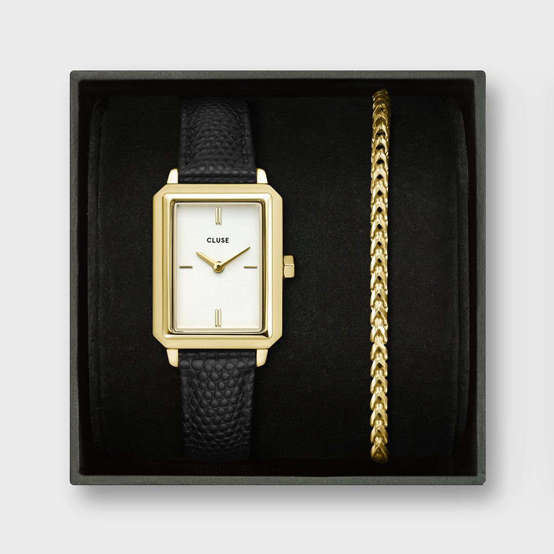CLUSE Gift Box Fluette Leather Black Watch and Cuban Chain Bracelet, Gold Colour CG11504 - giftbox frontal