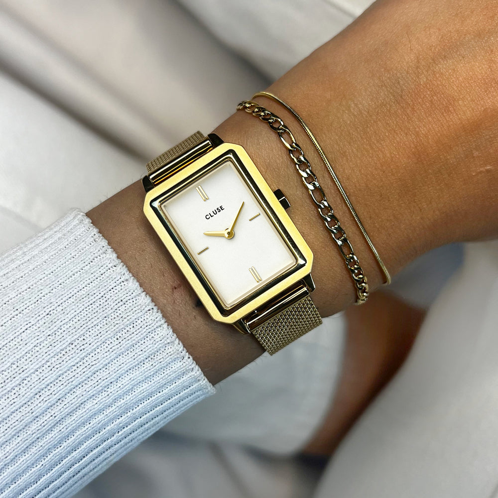 CLUSE Gift Box Fluette Mesh White Watch and Double Chain Bracelet, Gold Colour CG11505 -front wristshot image