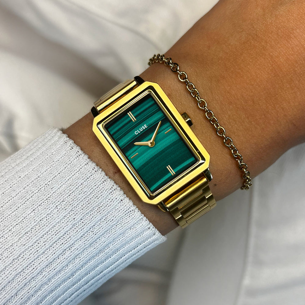 CLUSE Gift Box Fluette Steel Green Watch and Round Chain Bracelet, Gold Colour CG11506 - front wristshot image