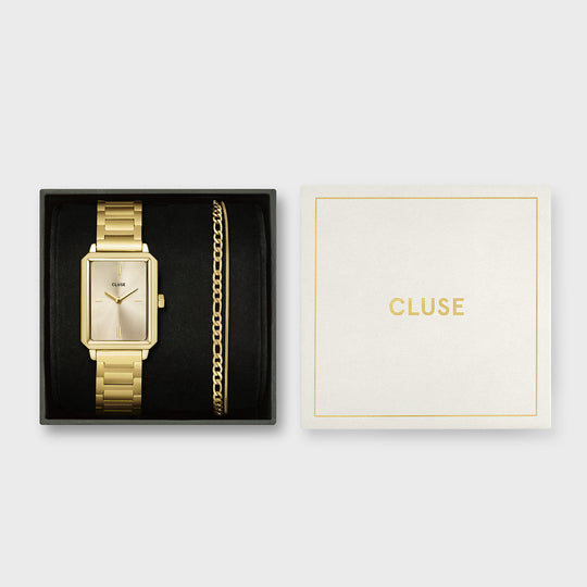 CLUSE Gift Box Fluette Watch Steel & Double Chain Bracelet, Gold Colour CG11507 - Giftbox