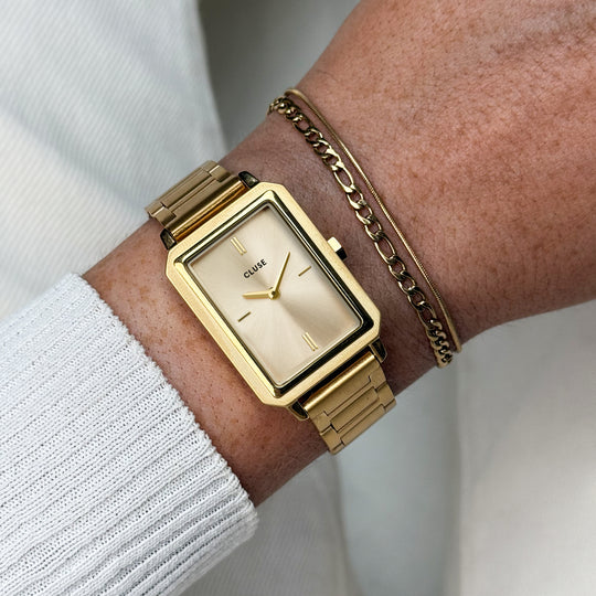 CLUSE Gift Box Fluette Watch Steel & Double Chain Bracelet, Gold Colour CG11507 - watch on wrist