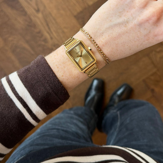 CLUSE Gift Box Fluette Watch Steel & Double Chain Bracelet, Gold Colour CG11507 - watch on wrist