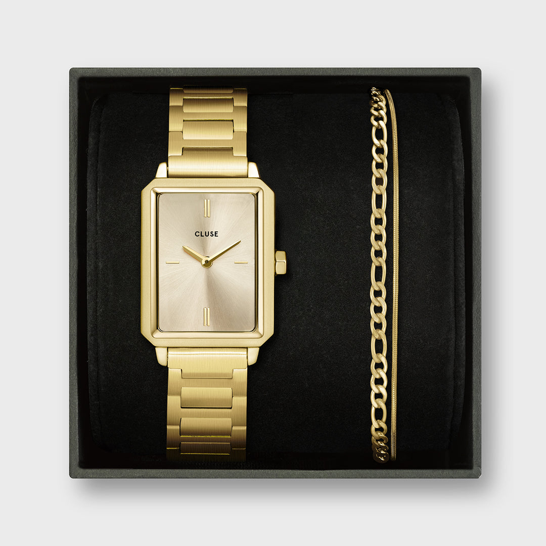 CLUSE Gift Box Fluette Watch Steel & Double Chain Bracelet, Gold Colour CG11507 - front gift box image
