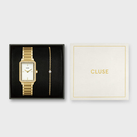 CLUSE Gift Box Fluette Watch Steel White Stones & Zircon Bracelet, Gold Colour CG11508 - gift box