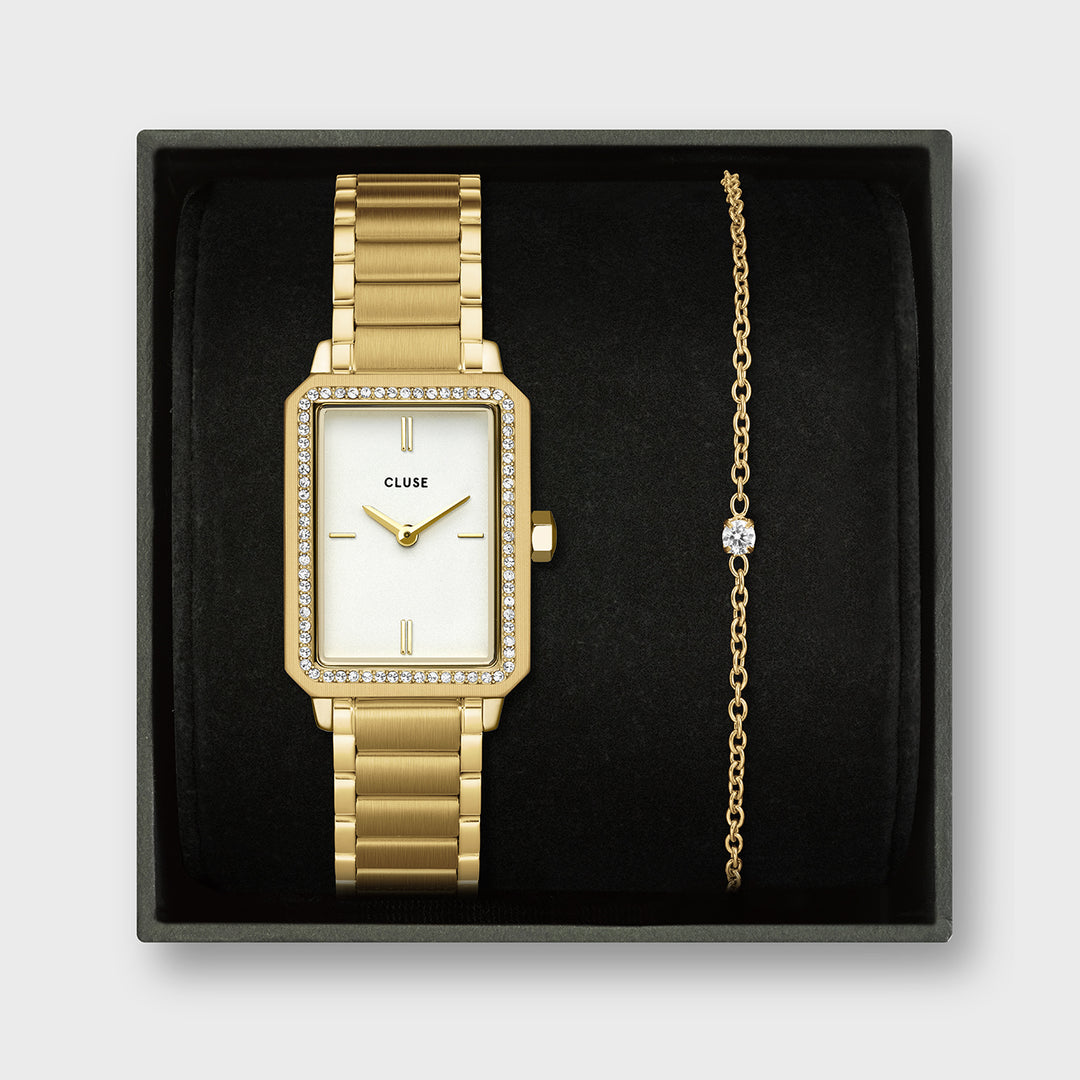 CLUSE Gift Box Fluette Watch Steel White Stones & Zircon Bracelet, Gold Colour CG11508 - front gift box image