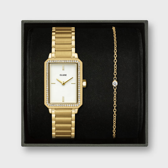 CLUSE Gift Box Fluette Watch Steel White Stones & Zircon Bracelet, Gold Colour CG11508 - front gift box image