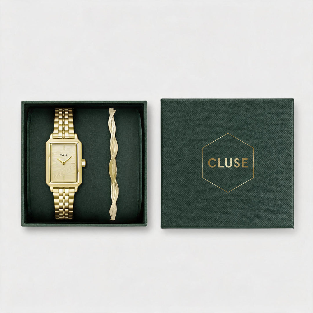 CLUSE Gift Box Fluette Watch Steel, Sand Texture &amp; Twisted Snake Bracelet, Gold Colour - CG11509 - Gift box