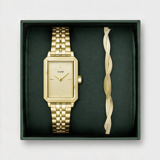 CLUSE Gift Box Fluette Watch Steel, Sand Texture &amp; Twisted Snake Bracelet, Gold Colour - CG11509 - Gift box frontal