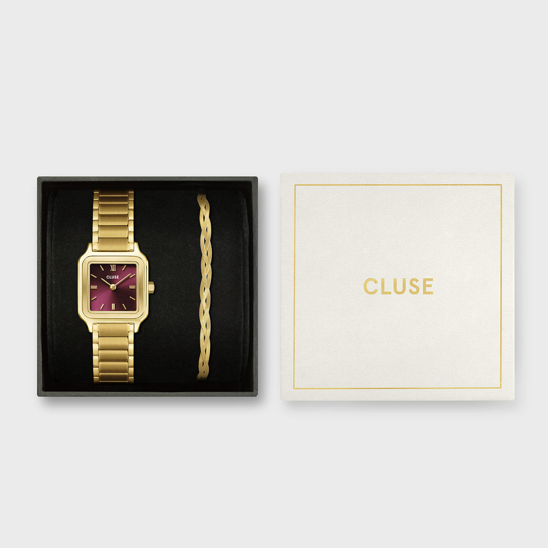 CLUSE Gift Box Gracieuse Petite Watch Steel, Dark Cherry & Braided Snake Bracelet, Gold Colour CG11805 - Gift box