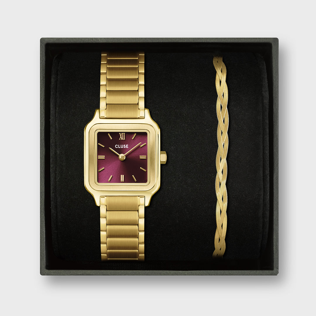 CLUSE Gift Box Gracieuse Petite Watch Steel, Dark Cherry & Braided Snake Bracelet, Gold Colour CG11805 - front gift box image