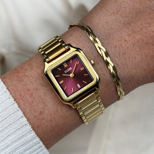 CLUSE Gift Box Gracieuse Petite Watch Steel, Dark Cherry & Braided Snake Bracelet, Gold Colour CG11805 - watch on wrist