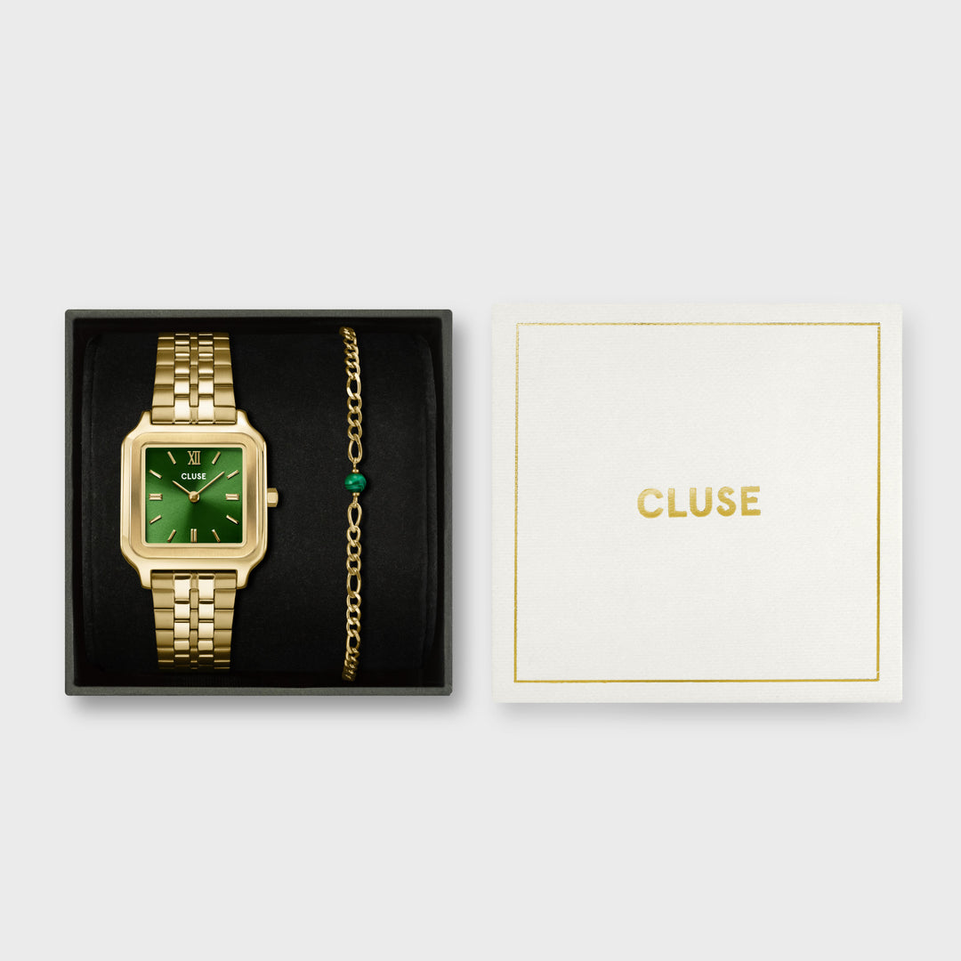 CLUSE Giftbox Gracieuse Watch Steel Forest Green and Malachite Bracelet, Gold Colour CG11901 - Giftbox