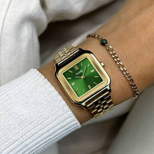 CLUSE Giftbox Gracieuse Watch Steel Forest Green and Malachite Bracelet, Gold Colour CG11901 - wristshot image