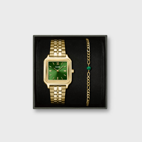 CLUSE Giftbox Gracieuse Watch Steel Forest Green and Malachite Bracelet, Gold Colour CG11901 - front box image