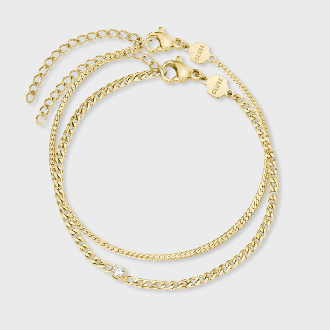 CLUSE Élevé Zirconia & Flat Snake Chain Bracelet Set, Gold Colour CG13302 - bracelets.