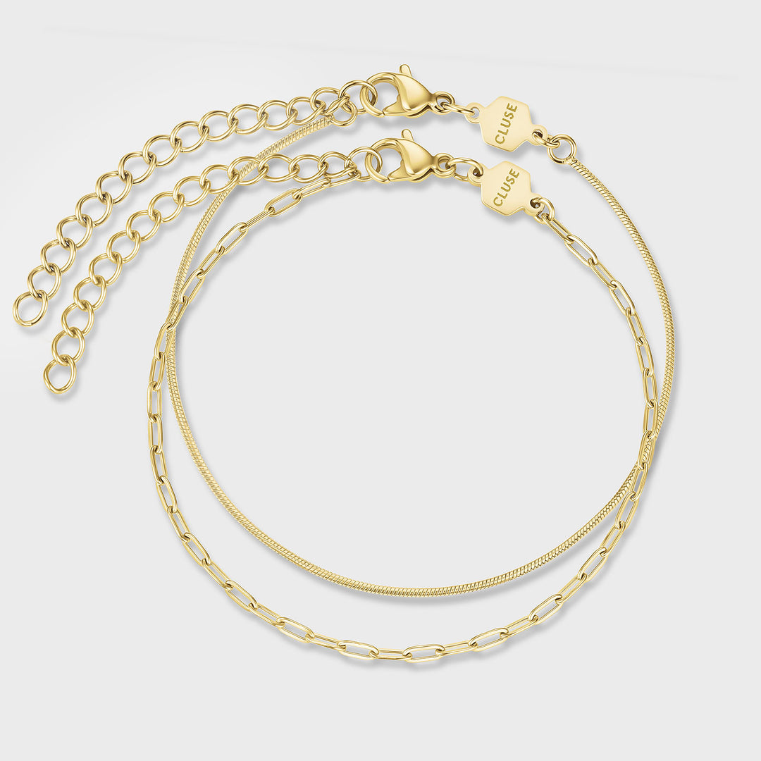 CLUSE Essentielle Paperclip & Round Snake Chain Bracelet Set, Gold Colour CG13303 - Bracelet
