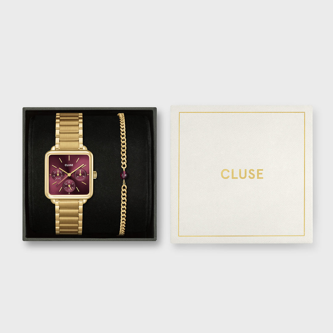 CLUSE Gift Box La Tétragone Multifunction Watch Steel, Dark Cherry & Bead Bracelet, Gold Colour CG13801 - Gift box