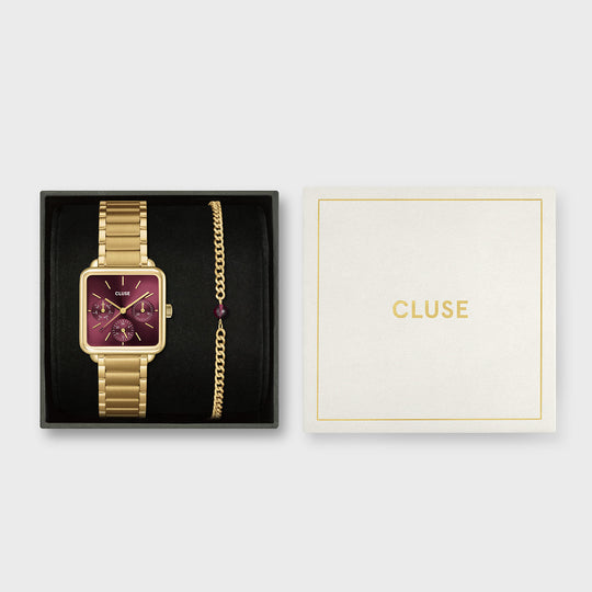 CLUSE Gift Box La Tétragone Multifunction Watch Steel, Dark Cherry & Bead Bracelet, Gold Colour CG13801 - Gift box