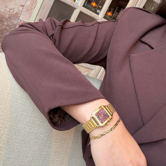 CLUSE Gift Box Gracieuse Petite Watch Steel, Dark Cherry & Braided Snake Bracelet, Gold Colour CG11805 - watch on wrist