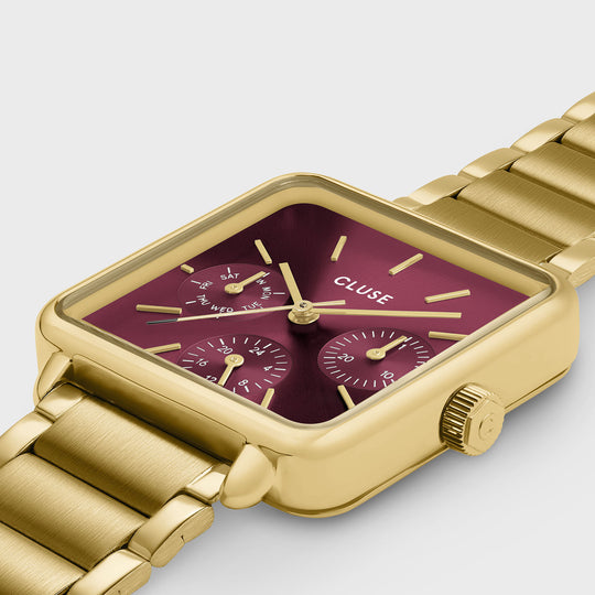 CLUSE Gift Box La Tétragone Multifunction Watch Steel, Dark Cherry & Bead Bracelet, Gold Colour CG13801 - watch case detail