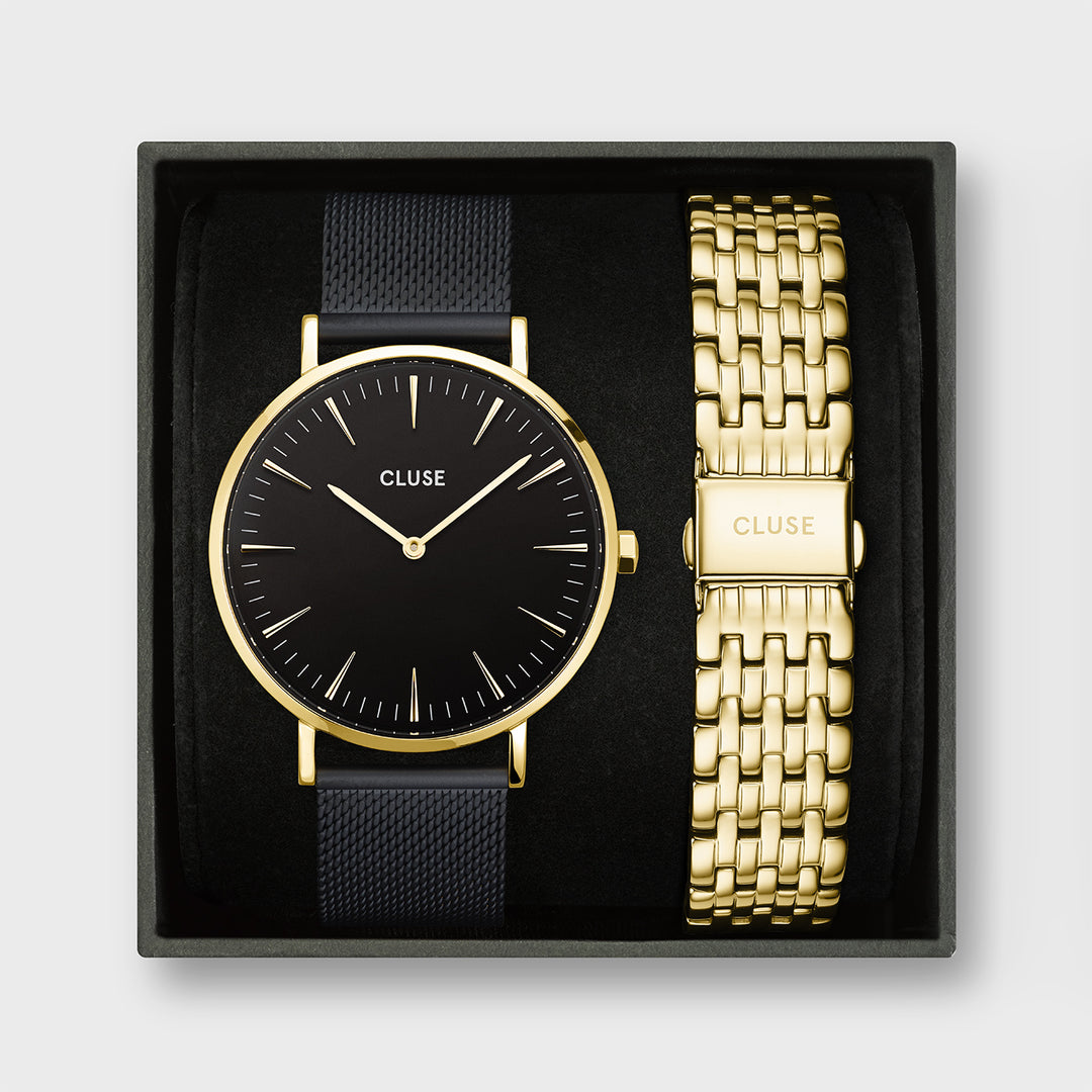 CLUSE Gift Box Boho Chic Mesh Black and Steel Strap, Gold Colour CG14701 - giftbox frontal