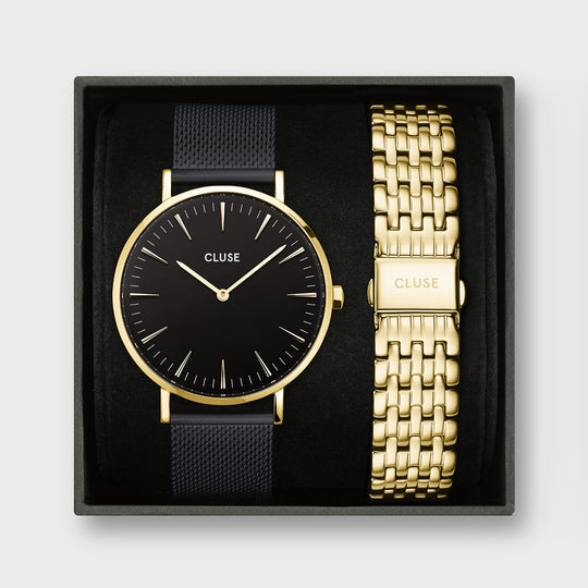 CLUSE Gift Box Boho Chic Mesh Black and Steel Strap, Gold Colour CG14701 - giftbox frontal