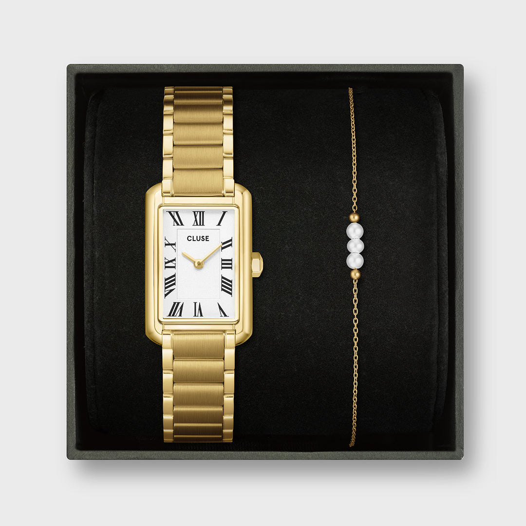 Gift Box Belisenna Watch Steel, White & Pearl Chain Bracelet, Gold Colour CG15001 - Gift box frontal
