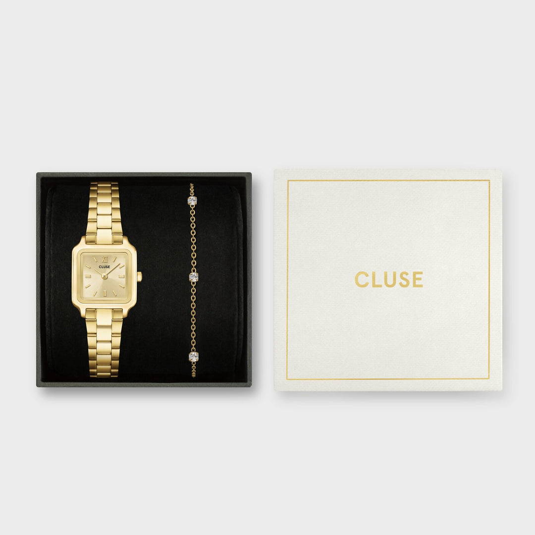 CLUSE Gift Box Gracieuse Mini Watch Steel &amp; Zirconia Chain Bracelet, Full Gold Colour CG15501 - Gift box