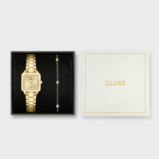 CLUSE Gift Box Gracieuse Mini Watch Steel &amp; Zirconia Chain Bracelet, Full Gold Colour CG15501 - Gift box
