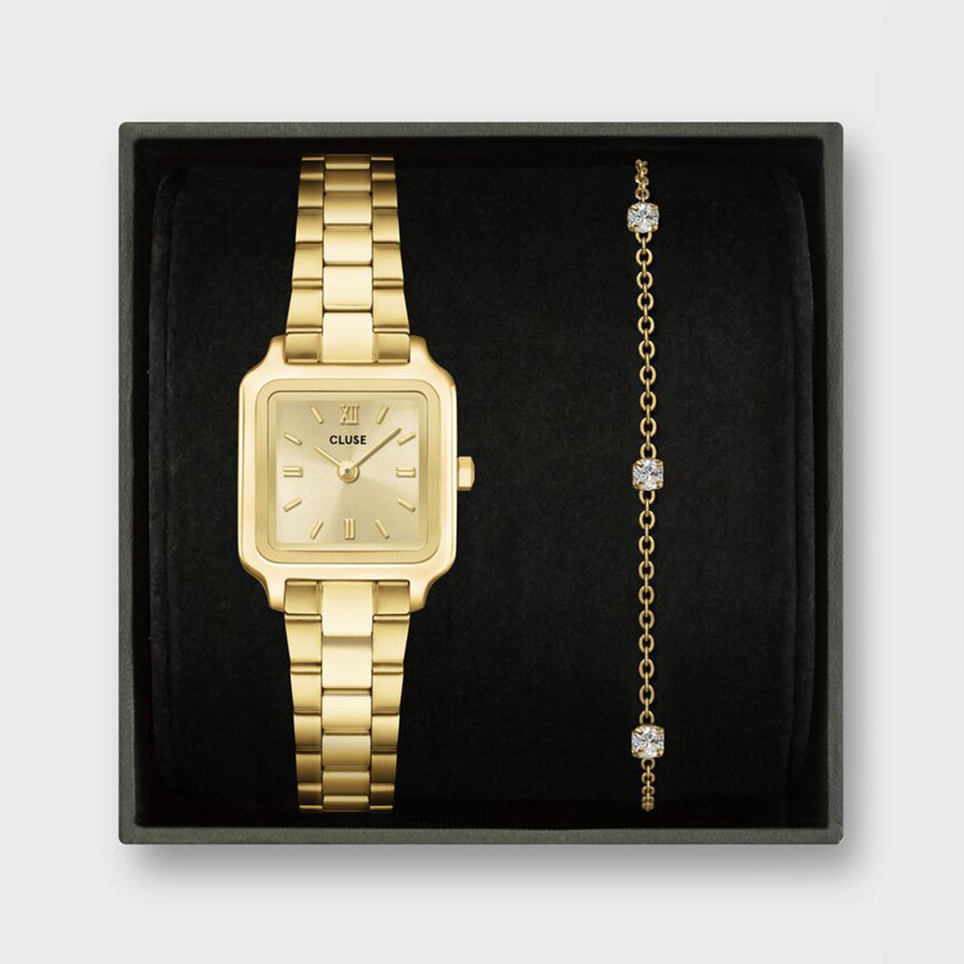 CLUSE Gift Box Gracieuse Mini Watch Steel & Zirconia Chain Bracelet, Full Gold Colour CG15501 - Gift box frontal
