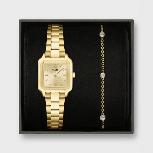 CLUSE Gift Box Gracieuse Mini Watch Steel &amp; Zirconia Chain Bracelet, Full Gold Colour CG15501 - Gift box frontal