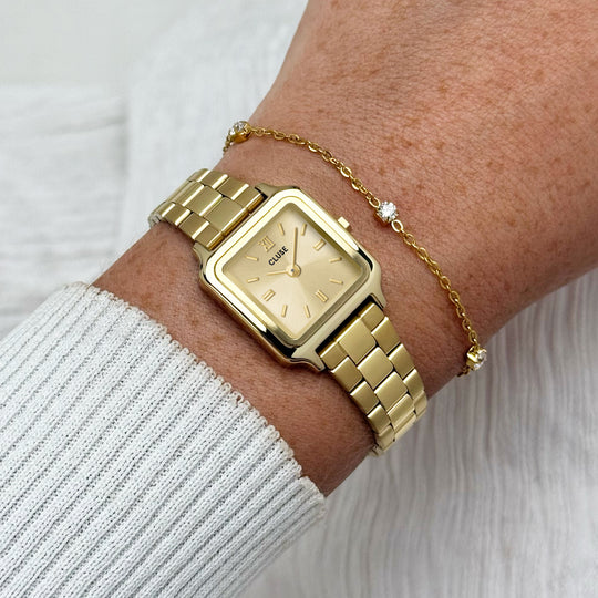 CLUSE Gift Box Gracieuse Mini Watch Steel &amp; Zirconia Chain Bracelet, Full Gold Colour CG15501 - Watch and bracelet on wrist