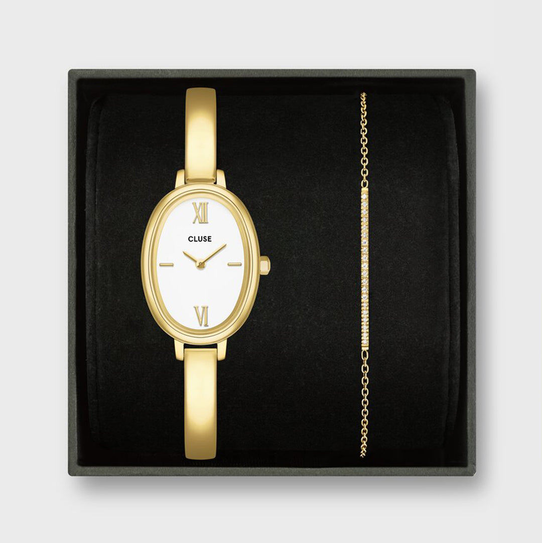CLUSE Gift Box L'Ovale Watch Steel, White & Flat Zirconia Chain Bracelet, Gold Colour CG16101 - Gift box frontal