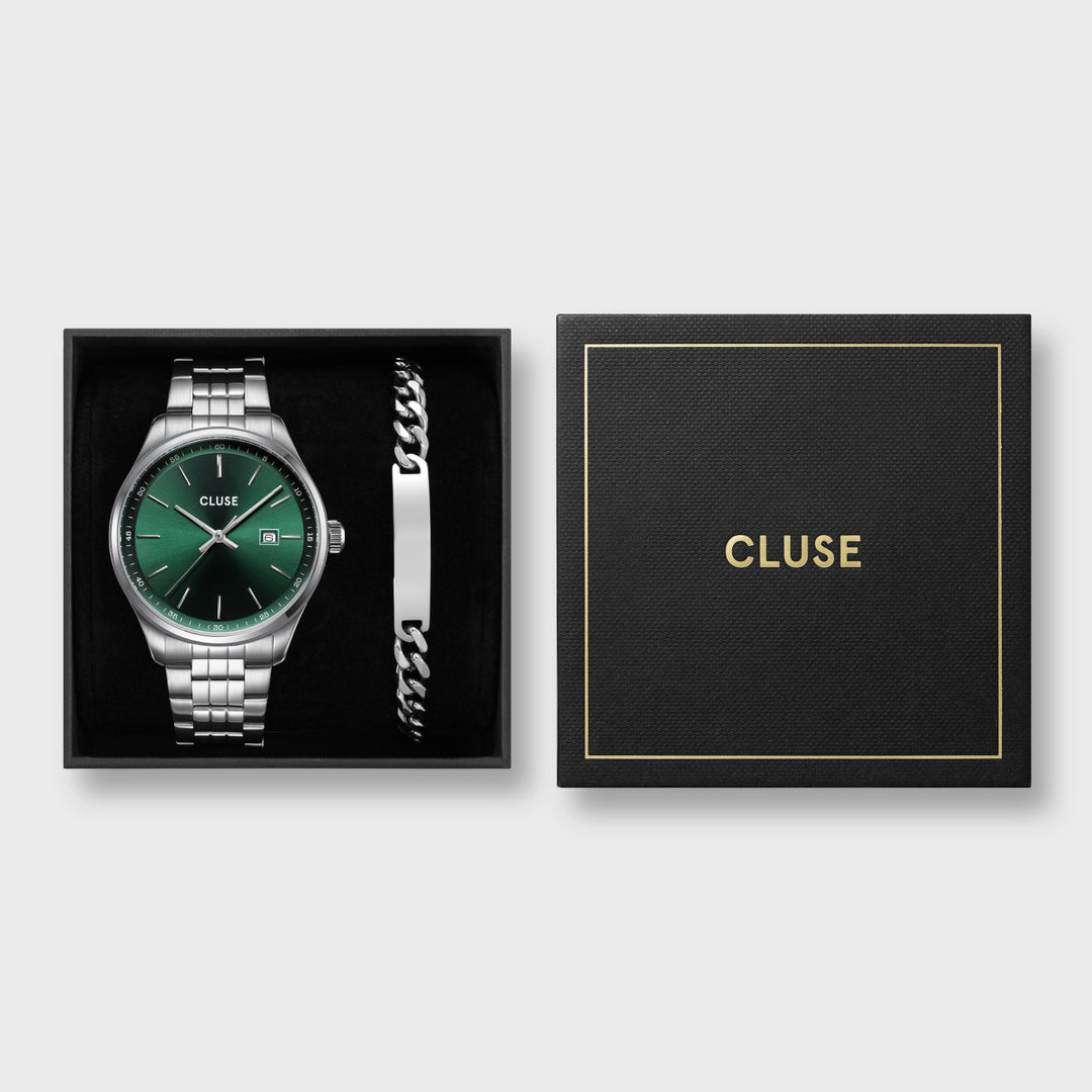 CLUSE Gift Box Anthéor Steel Watch Green and Silver Chain Bracelet