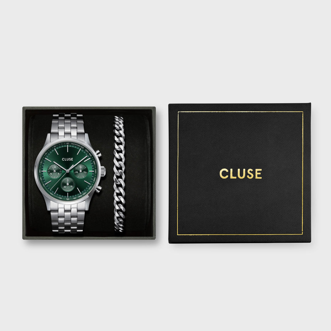 CLUSE Giftbox Anthéor Multifunction Steel Watch Green & Cuban Chain Bracelet CG20906 - Gift box