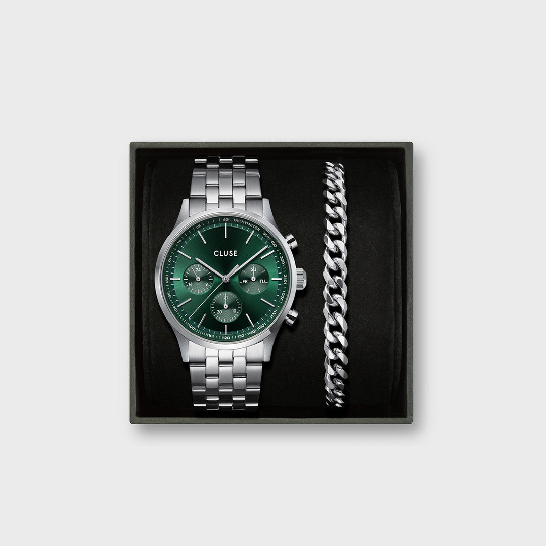 CLUSE Giftbox Anthéor Multifunction Steel Watch Green & Cuban Chain Bracelet CG20906 - front box image