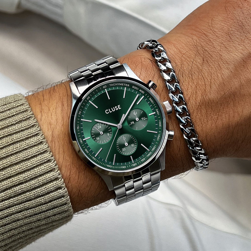 CLUSE Giftbox Anthéor Multifunction Steel Watch Green & Cuban Chain Bracelet CG20906 - wristshot image