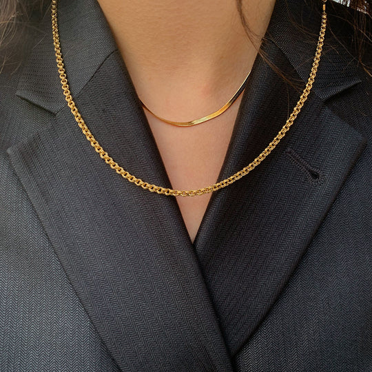 CLUSE Essentielle Snake Necklace Gold Colour CN13303 + Double Link Chain Necklace, Gold Colour CN13309- Necklace close - up