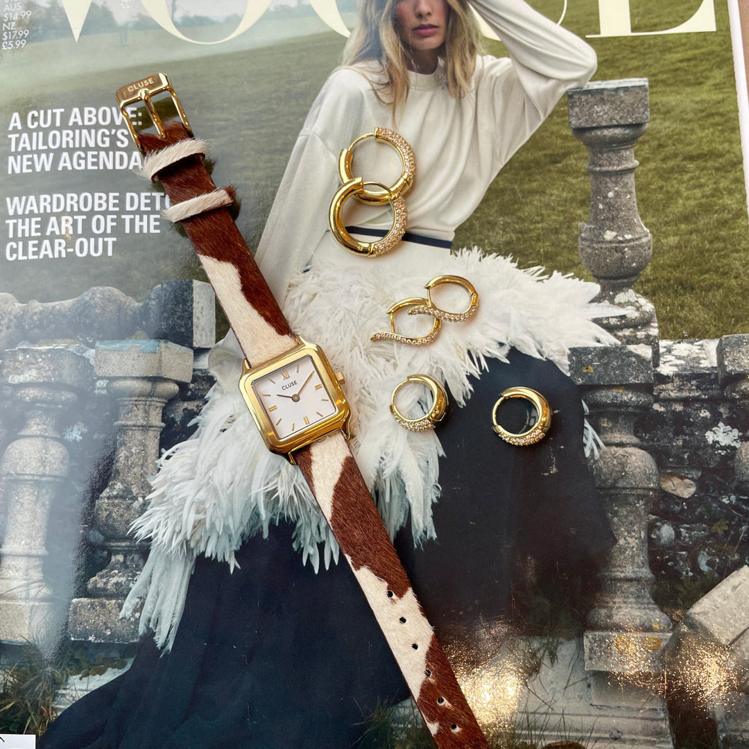 CLUSE Strap 14 mm Cow Print Leather, Gold Colour CS12118 - Watch on model