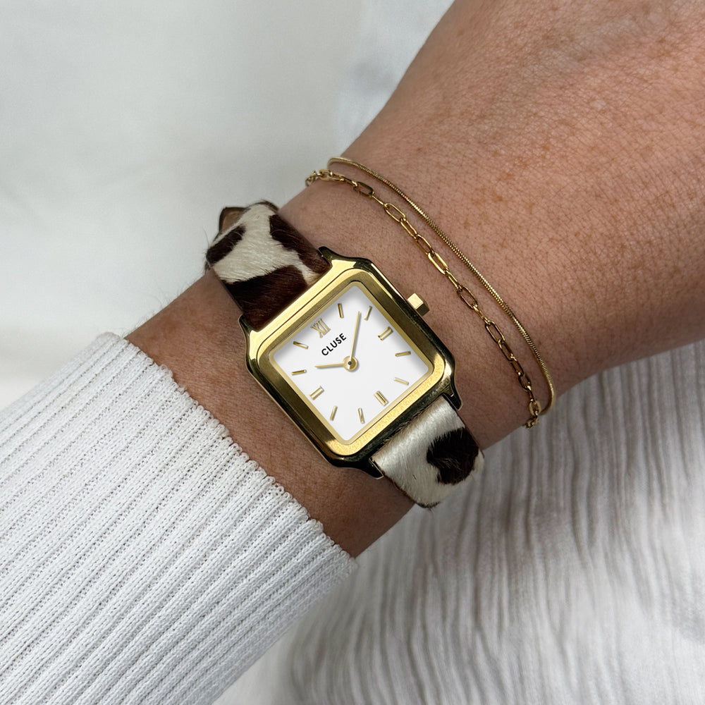 CLUSE Strap 14 mm Cow Print Leather, Gold Colour CS12118 - Strap on wrist